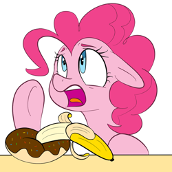 Size: 500x500 | Tagged: safe, artist:khorme, pinkie pie, earth pony, pony, banana, confused, donut, double entendre, looking up, open mouth, solo, tumblr, underhoof