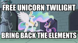 Size: 606x337 | Tagged: safe, edit, edited screencap, screencap, princess celestia, twilight sparkle, alicorn, pony, friendship is magic, alicorn drama, background pony strikes again, castle of the royal pony sisters, drama, drama bait, image macro, meme, op is a cuck, op is trying to start shit