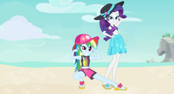 Size: 6725x3650 | Tagged: safe, artist:limedazzle, derpibooru import, rainbow dash, rarity, equestria girls, equestria girls series, absurd resolution, beach, belly button, clothes, duo, feet, female, flexing, flip-flops, pose, sandals, swimsuit, vector