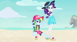 Size: 6725x3650 | Tagged: safe, artist:limedazzle, derpibooru import, rainbow dash, rarity, better together, equestria girls, absurd resolution, beach, belly button, clothes, duo, feet, female, flexing, flip-flops, pose, sandals, swimsuit, vector