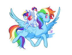 Size: 1024x782 | Tagged: safe, artist:kerui8d, derpibooru import, rainbow dash, oc, oc:rainbow iris lightning, pegasus, pony, duo, ear fluff, female, filly, floppy ears, happy, leonine tail, magical lesbian spawn, mare, offspring, parent:rainbow dash, parent:twilight sparkle, parents:twidash, simple background, spread wings, transparent background, wings