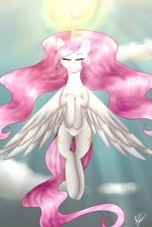 Size: 1000x1500 | Tagged: safe, artist:peaceouttopizza23, princess celestia, alicorn, pony, both cutie marks, crepuscular rays, eyes closed, flying, pink mane, pink-mane celestia, solo, sun