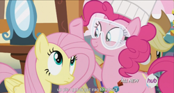 Size: 1439x763 | Tagged: safe, screencap, applejack, fluttershy, pinkie pie, earth pony, pegasus, pony, maud pie (episode), all new, hub logo, iraq, meme, text, youtube caption