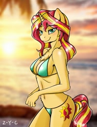 Size: 633x835 | Tagged: safe, artist:z-y-c, sunset shimmer, anthro, unicorn, bikini, clothes, female, mare, solo, swimsuit