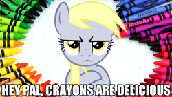 Size: 2560x1440 | Tagged: safe, derpy hooves, pegasus, pony, crayon, female, image macro, looking at you, mare, meme, pouting, solo, totally legit recap, underp
