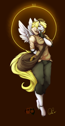 Size: 1550x3000 | Tagged: safe, artist:zingiber, derpy hooves, anthro, unguligrade anthro, clothes, female, letter, mailbag, mailmare, mare, pants, smiling, solo