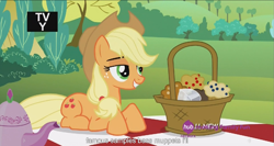 Size: 1439x763 | Tagged: safe, screencap, applejack, earth pony, pony, maud pie (episode), hub logo, meme, prone, solo, youtube caption