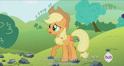 Size: 1438x763 | Tagged: safe, screencap, applejack, earth pony, pony, maud pie (episode), hub logo, meme, solo, youtube caption