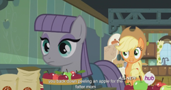 Size: 1439x761 | Tagged: safe, screencap, applejack, maud pie, earth pony, pony, maud pie (episode), hub logo, meme, youtube caption