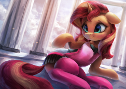 Size: 3600x2550 | Tagged: safe, artist:vanillaghosties, sunset shimmer, pony, unicorn, clothes, cute, daaaaaaaaaaaw, floppy ears, looking at you, lying down, mercy, overwatch, pink mercy, shimmerbetes, shimmercy, smiling, solo, tongue out