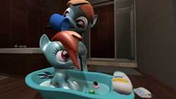 Size: 3840x2160 | Tagged: safe, artist:northern haste, derpibooru import, rainbow dash, tank, windy whistles, pegasus, pony, 3d, 4k, babying, bath, bath toy, bathroom, diaper, female, filly, filly rainbow dash, like mother like daughter, mother and child, mother and daughter, parent and child, rubber duck, shampoo, source filmmaker, toy, wet, younger