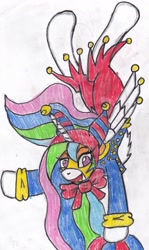 Size: 2065x3458 | Tagged: safe, artist:cuddlelamb, princess celestia, alicorn, pony, backbend, clothes, costume, jester, jester motley, solo, traditional art