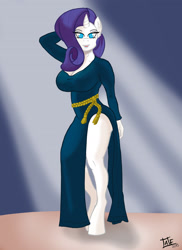 Size: 2195x3016 | Tagged: safe, artist:tatemil, rarity, anthro, breasts, clothes, dress, female, raritits, side slit, solo