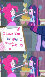 Size: 411x700 | Tagged: safe, artist:lolly <3, derpibooru import, pinkie pie, twilight sparkle, equestria girls, balloon, female, flower, heart, lesbian, meme, pinkie's clipboard, shipping, text, twinkie