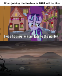 Size: 837x1024 | Tagged: safe, edit, edited screencap, screencap, starlight glimmer, pony, unicorn, a hearth's warming tail, the cutie re-mark, alternate timeline, ashlands timeline, barren, brony, caption, end of ponies, image macro, implied genocide, late fan, late join, metaphor, post-apocalyptic, text, wasteland