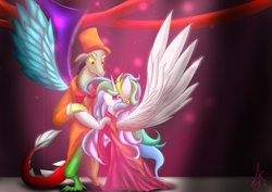 Size: 7016x4961 | Tagged: safe, artist:siranarchy95, discord, princess celestia, alicorn, pony, absurd resolution, clothes, dancing, dislestia, dress, female, male, shipping, spread wings, straight, suit