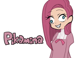 Size: 600x450 | Tagged: safe, artist:bartolomeus_, pinkie pie, human, derp, humanized, misspelling, panty and stocking with garterbelt, pinkamena diane pie, simple background, smiling, solo, style emulation, white background