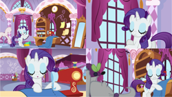 Size: 2110x1188 | Tagged: safe, screencap, opalescence, rarity, pony, unicorn, canterlot boutique, animation error