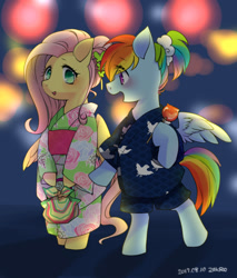 Size: 1024x1200 | Tagged: safe, artist:zakro, derpibooru import, fluttershy, rainbow dash, pegasus, pony, clothes, cute, dashabetes, duo, female, kimono (clothing), looking at you, mare, shyabetes