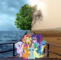 Size: 1436x1433 | Tagged: safe, editor:php77, gallus, ocellus, sandbar, sci-twi, silverstream, smolder, sunset shimmer, twilight sparkle, classical hippogriff, griffon, hippogriff, pony, better together, equestria girls, dead tree, desert, equestria girls in real life, irl, ocean, photo, ponies in real life, tree