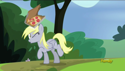 Size: 1920x1088 | Tagged: safe, screencap, derpy hooves, pegasus, pony, rock solid friendship, alternative cutie mark placement, animation error, discovery family logo, food, inner thigh cutie mark, pizza, pizza box, solo