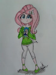 Size: 720x960 | Tagged: safe, artist:mordecaifand, fluttershy, human, clothes, humanized, plushie, solo, sweatershy, traditional art