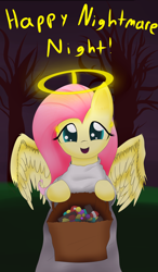 Size: 800x1366 | Tagged: safe, artist:coldsolstice, fluttershy, angel, pegasus, pony, bipedal, candy, clothes, costume, cute, fluttershy the angel, nightmare night, shyabetes, solo