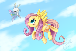 Size: 1500x1000 | Tagged: safe, artist:pauuhanthothecat, angel bunny, fluttershy, pegasus, pony, flying, wings