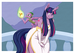 Size: 1813x1280 | Tagged: safe, artist:hobbsmeerkat, spike, twilight sparkle, anthro, dragon, unicorn, alternative cutie mark placement, clothes, dress, evening, fire, gloves, impossibly wide hips, wide hips