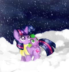 Size: 765x794 | Tagged: safe, artist:chiuuchiuu, derpibooru import, spike, twilight sparkle, dragon, baby spike, clothes, filly, filly twilight sparkle, scarf, snow, snowfall, winter