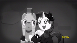 Size: 1920x1080 | Tagged: safe, screencap, rarity, pony, unicorn, rarity investigates, black and white, clothes, grayscale, royal guard