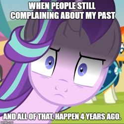 Size: 500x500 | Tagged: safe, artist:agrol, edit, starlight glimmer, sunburst, pony, unicorn, angry, background pony, bags under eyes, caption, close-up, drama, engrish, female, frown, glare, glarelight glimmer, grammar error, image macro, imgflip, impact font, inconvenient starlight, looking at you, male, mare, op is trying to start shit, shrunken pupils, solo focus, stallion, starlight drama, starlight drama drama, text, this will end in gulag, time for two, wide eyes