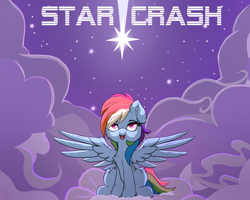 Size: 3750x3000 | Tagged: safe, artist:nighty, derpibooru import, rainbow dash, pegasus, pony, chest fluff, cloud, colored pupils, commission, ear fluff, fanfic, fanfic art, fanfic cover, fluffy, open mouth, sitting, solo, spread wings, stars, text, wings