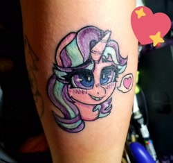 Size: 2048x1927 | Tagged: safe, artist:dino_horse, starlight glimmer, human, pony, unicorn, blushing, bust, chest fluff, female, happy, heart, irl, irl human, mare, photo, smiling, solo, tattoo