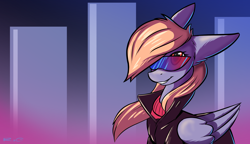 Size: 2308x1328 | Tagged: safe, artist:quadrog, derpy hooves, pegasus, pony, abstract background, clothes, derpfest, female, folded wings, grin, hair over one eye, jacket, leather jacket, mare, retro, smiling, solo, sunglasses, sweater, turtleneck, windswept mane