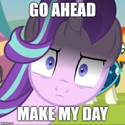 Size: 500x500 | Tagged: safe, artist:agrol, edit, starlight glimmer, sunburst, pony, caption, carnival, clint eastwood, close-up, cropped, death stare, dirty harry, extreme close up, fair, female, frown, glarelight glimmer, hair flip, horn, image macro, impact font, inconvenient starlight, looking at you, male, mare, meme, reaction image, scary, shadow, shipping, show accurate, shrunken pupils, solo focus, square, stallion, starburst, stare, straight, sudden impact, text, time for two