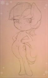 Size: 790x1280 | Tagged: safe, artist:matteglaze, roseluck, anthro, unguligrade anthro, hand on hip, monochrome, pouting, sketch, solo, traditional art, wide hips, wingding eyes