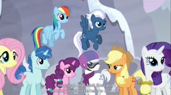 Size: 1281x712 | Tagged: safe, derpibooru import, screencap, applejack, double diamond, fluttershy, night glider, party favor, rainbow dash, rarity, sugar belle, earth pony, pegasus, pony, unicorn, the cutie map, equal four, meme, text, youtube caption