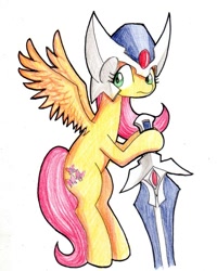 Size: 800x1000 | Tagged: safe, artist:unousaya, fluttershy, pegasus, pony, bipedal, helmet, solo, sword, traditional art