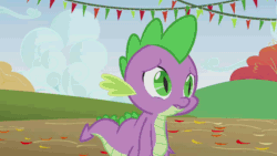 Size: 896x504 | Tagged: safe, screencap, pinkie pie, spike, dragon, earth pony, pony, fall weather friends, animated, announcer, banner, cloud, cloudy, commentator, cute, empathic, empathy, friendship, frown, hot air balloon, leaning, leaves, megaphone, rope, smiling, talking, tree