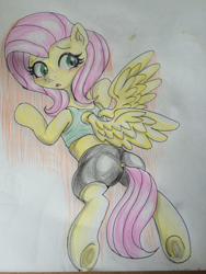 Size: 720x960 | Tagged: safe, artist:wonton soup, fluttershy, pegasus, pony, dock, solo, traditional art, underhoof