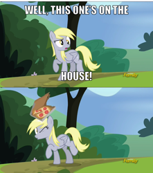 Size: 808x916 | Tagged: safe, edit, edited screencap, screencap, derpy hooves, pegasus, pony, rock solid friendship, abuse, derpybuse, discovery family logo, female, food, mare, pizza, pizza delivery, screencap comic, spongebob squarepants, tomato, tomatoes