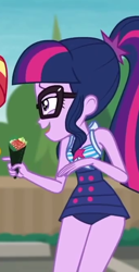 Size: 340x664 | Tagged: safe, screencap, sci-twi, sunset shimmer, twilight sparkle, better together, equestria girls, x marks the spot, clothes, cropped, food, solo, solo focus, sushi, swimsuit