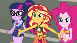 Size: 1280x720 | Tagged: safe, screencap, pinkie pie, sci-twi, sunset shimmer, twilight sparkle, better together, equestria girls, x marks the spot, belly button, clothes, female, midriff, swimsuit, trio, trio female