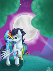 Size: 1024x1365 | Tagged: safe, artist:duskanddashie, derpibooru import, rainbow dash, soarin', pegasus, pony, female, male, moon, shipping, soarindash, straight