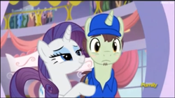 Size: 960x540 | Tagged: safe, screencap, package deal, rarity, pony, unicorn, rarity investigates, blushing, delivery pony, embarrassed, flirting, flirty, goatee, lidded eyes, seductive, touch