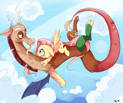 Size: 1024x856 | Tagged: safe, artist:ipun, discord, fluttershy, pegasus, pony, discoshy, female, flying, male, shipping, straight