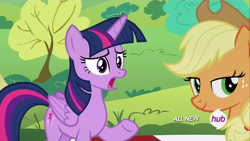 Size: 1920x1080 | Tagged: safe, screencap, applejack, twilight sparkle, twilight sparkle (alicorn), alicorn, earth pony, pony, maud pie (episode), all new, female, hub logo, lidded eyes, mare, out of context