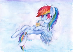 Size: 3399x2424 | Tagged: safe, artist:0okami-0ni, derpibooru import, rainbow dash, pegasus, pony, cloud, cloudy, drinking, glass, signature, sipping, solo, straw, traditional art, watercolor painting