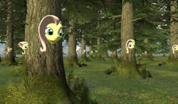 Size: 900x527 | Tagged: safe, fluttershy, pegasus, pony, 3d, flutterforest, fluttertree, forest, gmod, multeity, so much flutter, surreal, wat